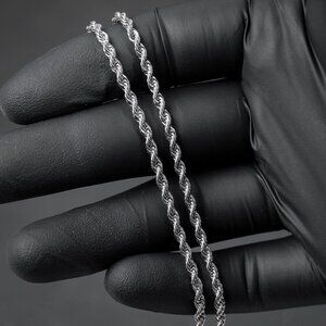 Solid White Gold Plated Heavy 316 Stainless Steel 3MM Twist Rope Chain Necklace